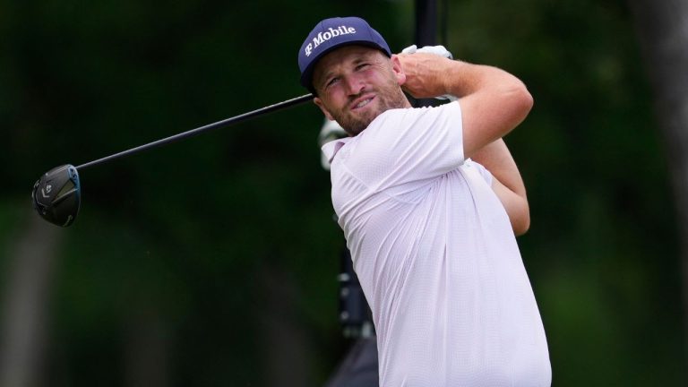 Wyndham Clark hits off the ninth tee during the final round of the CJ Cup Byron Nelson golf tournament in McKinney, Texas, Sunday, May 24, 2026. (Tony Gutierrez/AP)