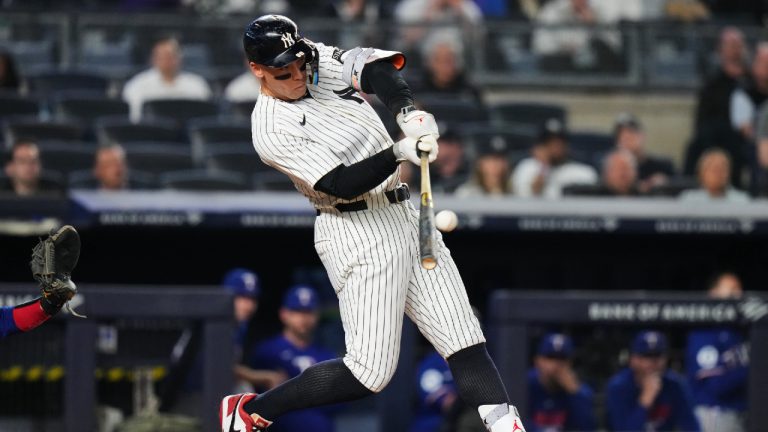 New York Yankees' Aaron Judge hits a home run during the sixth inning of a baseball game against the Texas Rangers Wednesday, May 6, 2026, in New York. (Frank Franklin II/AP)