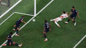 Turkey's Kaan Ayhan, second from right, scores their third goal as United States' Auston Trusty (6) defends and United States' Mark McKenzie (22) and United States' Miles Robinson (12) look on during the second half of a World Cup Group D soccer match in Inglewood, Calif., near Los Angeles, Thursday, June 25, 2026. (Marcio J. Sanchez/AP)
