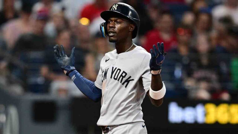 New York Yankees' Jazz Chisholm Jr. celebrates after hitting a solo home run off Cleveland Guardians relief pitcher Tim Herrin during the eighth inning of a baseball game, Tuesday, June 9, 2026, in Cleveland. (David Dermer/AP)