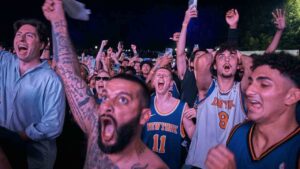 New York Knicks fans celebrate their victory as they watch Game 5 of the NBA Finals basketball series against the San Antonio Spurs, Saturday, June 13, 2026, in New York. (Andres Kudacki/AP)