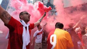 Turkish fans cheer as their team arrives at their hotel in Vancouver, British Columbia, Thursday, June 11, 2026, ahead of the World Cup soccer match between Turkey and Australia on Saturday, June 13. (Emma Peterson/AP)