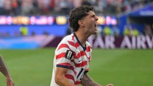 United States' Christian Pulisic, right, celebrates with teammates after an own goal by Paraguay's Damian Bobadilla during the World Cup Group D soccer match in Inglewood, Calif., near Los Angeles, Friday, June 12, 2026. (Jayne Kamin-Oncea/AP)