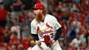 St. Louis Cardinals starting pitcher Dustin May celebrates after the team defeated the San Diego Padres in a baseball game, Monday, June 15, 2026, in St. Louis. (Joe Puetz/AP)