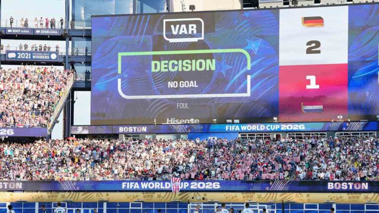 The screen shows that a goal by Germany's Jonathan Tah (4) was disqualified after a VAR check during the World Cup round of 32 soccer match between Germany and Paraguay in Foxborough, Mass., near Boston, Monday, June 29, 2026. (AP Photo/Martin Meissner)