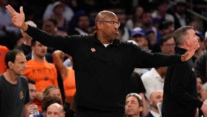 New York Knicks head coach Mike Brown reacts during Game 3 of the NBA Finals basketball series against the San Antonio Spurs, Monday, June 8, 2026, in New York. (Ross D. Franklin/AP)
