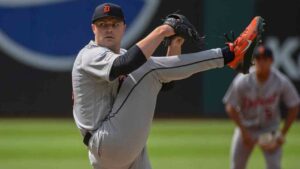 Detroit Tigers starting pitcher Tarik Skubal delivers against the Cleveland Guardians during the first inning of a baseball game, Saturday, June 13, 2026, in Cleveland. (Phil Long/AP)