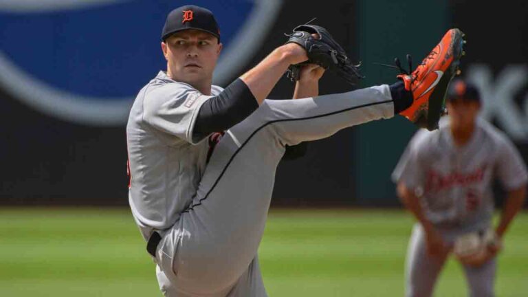 Detroit Tigers starting pitcher Tarik Skubal delivers against the Cleveland Guardians during the first inning of a baseball game, Saturday, June 13, 2026, in Cleveland. (Phil Long/AP)