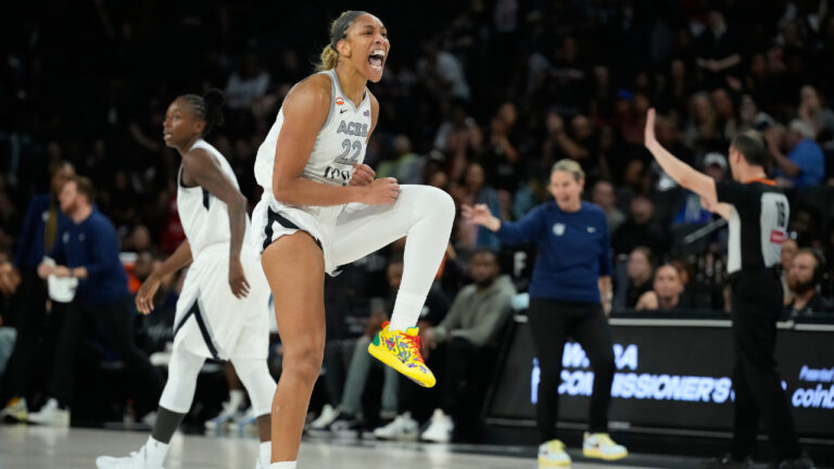 Las Vegas Aces centre A'ja Wilson (22) celebrates after a play against the Minnesota Lynx during the second half of a WNBA basketball game Saturday, June 13, 2026, in Las Vegas. (John Locher/AP)