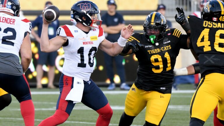Montreal Alouettes' quarterback Davis Alexander (10) makes the throw against the Hamilton Tiger-Cats during first half CFL football action in Hamilton on Thursday, June 4, 2026. (Barry Gray/CP)