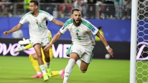 Algeria's Amine Gouiri, front, celebrates after scoring his side's second goal against Jordan during the World Cup Group J soccer match in Santa Clara, Calif., near San Francisco, Monday, June 22, 2026. (Eakin Howard/AP)