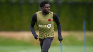 Canada's Alphonso Davies participates in a FIFA World Cup soccer training session, in Vancouver, on Thursday, June 25, 2026. (Darryl Dyck/CP)