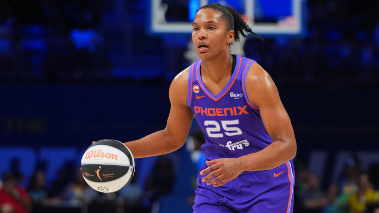 Phoenix Mercury forward Alyssa Thomas dribbles during the second half of a WNBA basketball game against the Dallas Wings in Arlington, Texas, Thursday, June 11, 2026. (LM Otero/AP)