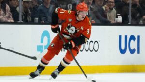 Anaheim Ducks center Leo Carlsson controls the puck during an NHL hockey game against the Winnipeg Jets, Friday, Feb. 27, 2026, in Anaheim, Calif. (Kyusung Gong/AP)