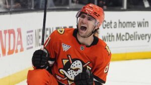 Anaheim Ducks left wing Cutter Gauthier celebrates his goal during the third period of an NHL hockey game against the Edmonton Oilers Wednesday, Feb. 25, 2026, in Anaheim, Calif. (Gregory Bull/AP)