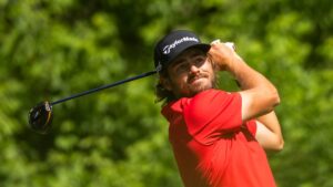 Matthew Anderson, of Mississauga, Ont., tees off on the eighth hole during the second round of the RBC Canadian Open in Caledon, Ont., on Friday, June 12, 2026. (Nick Iwanyshyn/CP)