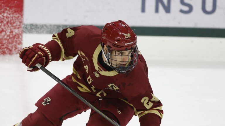 Boston College's Andre Gasseau plays during an NCAA hockey game on Friday, Oct. 11, 2024, in East Lansing, Mich. (AP Photo/Al Goldis)