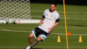 Argentina forward Lionel Messi works out during practice for the FIFA World Cup soccer Wednesday, June 3, 2026, in Kansas City, Kan.. (Charlie Riedel/AP)