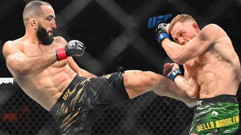 Belal Muhammad, left, lands a kick to Jack Della Maddalena during their UFC 315 mixed martial arts welterweight title bout in Montreal in 2025. (Graham Hughes/CP)