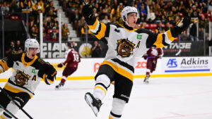 Brantford Bulldogs centre and top NHL draft prospect Caleb Malhotra celebrates a goal. (Photo courtesy of the OHL)