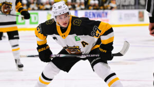 Brantford Bulldogs centre Caleb Malhotra prepares for a faceoff. (Photo courtesy of the OHL)