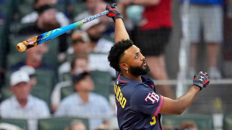 Tampa Bay Rays' Junior Caminero competes during the MLB baseball All-Star Home Run Derby, Monday, July 14, 2025, in Atlanta. (Mike Stewart/AP)