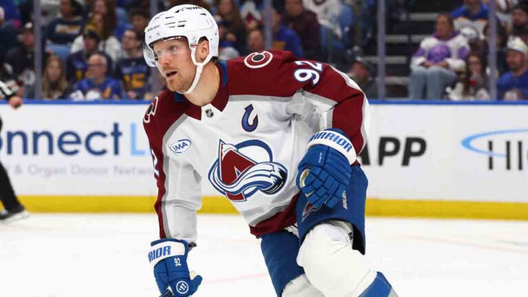 Colorado Avalanche left wing Gabriel Landeskog (92) skates during the second period of an NHL hockey game against the Buffalo Sabres Monday, Oct. 13, 2025, in Buffalo, N.Y. (Jeffrey T. Barnes/AP)