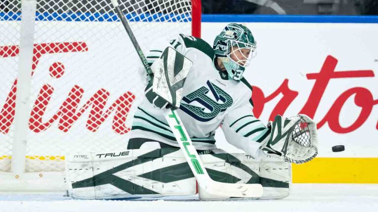 Boston Fleet goaltender Aerin Frankel (31) stops the puck against the Vancouver Goldeneyes during the second period of a PWHL game in Vancouver, on Tuesday, March 10, 2026. (Ethan Cairns/CP)