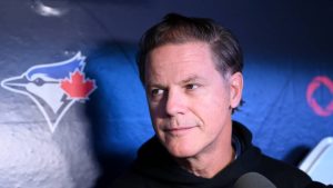 Toronto Blue Jays general manager Ross Atkins meets with media before the Jays take on the Cleveland Guardians in MLB baseball action in Toronto on Friday, April 24, 2026. THE CANADIAN PRESS/Jon Blacker