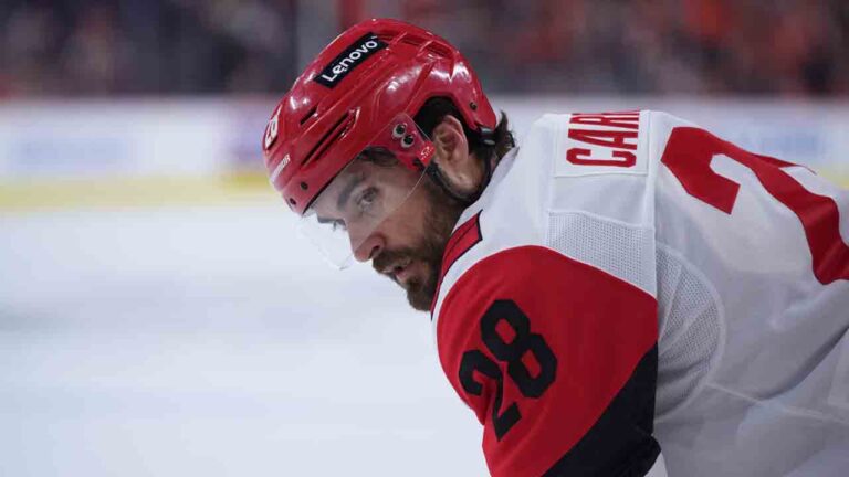 Carolina Hurricanes' William Carrier plays during Game 4 in a second-round NHL hockey Stanley Cup playoff series Saturday, May 9, 2026, in Philadelphia. (Matt Slocum/AP)