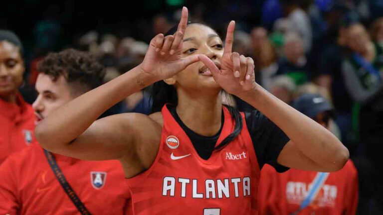 Atlanta Dream forward Angel Reese (5) celebrates after a WNBA basketball in Minneapolis, Saturday, May 9, 2026. (Bailey Hillesheim/AP)