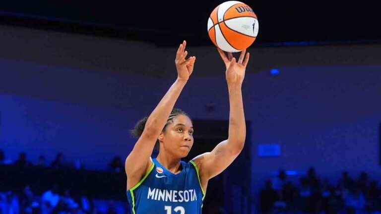Minnesota Lynx forward Nia Coffey shoots during the second half of a WNBA basketball game against the Dallas Wings in Arlington, Texas, Thursday, May 14, 2026. (LM Otero/AP)