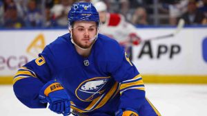 Buffalo Sabres left wing Zach Benson (6) skates during the first period in Game 7 of a second-round NHL hockey Stanley Cup playoff series against the Montreal Canadiens Monday, May 18, 2026, in Buffalo, N.Y. (Jeffrey T. Barnes/AP)