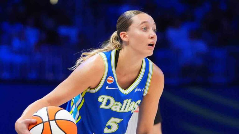 Dallas Wings guard Paige Bueckers dribbles during the second half of a WNBA basketball game against the Washington Mystics in Arlington, Texas, Monday, May 18, 2026. (LM Otero/AP)