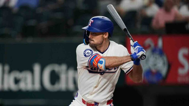 Texas Rangers' Evan Carter waits on a pitch during a baseball game against the Houston Astros Friday, May 29, 2026, in Arlington, Texas. (Tony Gutierrez/AP)