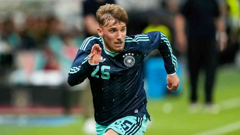 Germany's Lennart Karl during a soccer friendly match between Germany and Finland in Mainz, Germany, Sunday, May 31, 2026. (Michael Probst/AP)