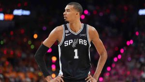 San Antonio Spurs forward Victor Wembanyama (1) looks to his bench during the first half of Game 1 of the NBA Finals basketball series against the New York Knicks, Wednesday, June 3, 2026, in San Antonio. (Eric Gay/AP)