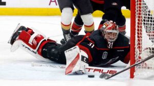 Carolina Hurricanes goaltender Frederik Andersen (31) stops the puck during the third period in Game 2 of the NHL hockey Stanley Cup Final series against the Vegas Golden Knights in Raleigh, N.C., Thursday, June 4, 2026. (Karl DeBlaker/AP)