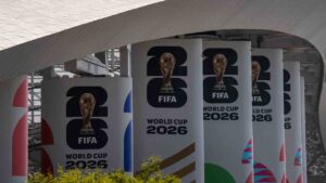 FIFA World Cup 2026 signage is displayed on columns at SoFi Stadium, Friday, June 5, 2026, in Inglewood, Calif. (Jae C. Hong/AP)
