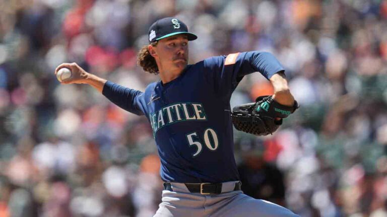 Seattle Mariners pitcher Bryce Miller throws against the Detroit Tigers during the first inning of a baseball game Saturday, June 6, 2026, in Detroit. (Paul Sancya/AP)