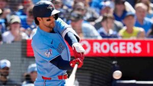 Toronto Blue Jays' Ernie Clement (22) hits a three run home run during third inning MLB baseball action against the Baltimore Orioles, in Toronto, Saturday, June 6, 2026. (Frank Gunn/CP)