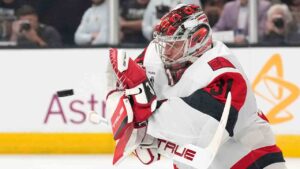Carolina Hurricanes goaltender Frederik Andersen stops a shot during the second period in Game 3 of the NHL hockey Stanley Cup Final series against the Vegas Golden Knights, Saturday, June 6, 2026, in Las Vegas. (John Locher/AP)
