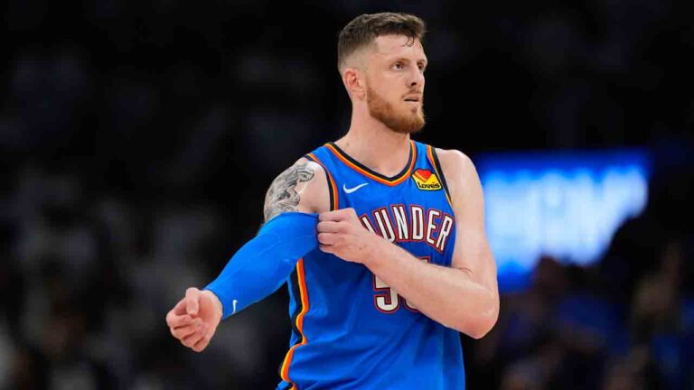 Oklahoma City Thunder's Isaiah Hartenstein stands on court during Game 2 of the Western Conference finals of the NBA basketball playoffs against the San Antonio Spurs Wednesday, May 20, 2026, in Oklahoma City. (Tony Gutierrez/AP)