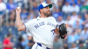 Toronto Blue Jays pitcher Max Scherzer (31) throws a pitch to strike out Philadelphia Phillies designated hitter Kyle Schwarber (12) to record his 3500th strike out during first inning MLB baseball action in Toronto on Wednesday June 10, 2026. (Chris Young/CP)
