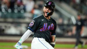 New York Mets' Bo Bichette (19) celebrates a solo home run during the second inning of a baseball game against the Atlanta Braves, Friday, June 12, 2026, in New York. (Eduardo Munoz Alvarez/AP)