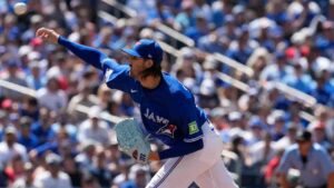 Toronto Blue Jays pitcher Kevin Gausman (34) works against the New York Yankees during first inning MLB baseball action in Toronto, Saturday, June 13, 2026. (Frank Gunn/CP)