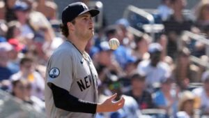 New York Yankees pitcher Cam Schlittler (31) reacts after giving up a double to Toronto Blue Jays' Yohendrick Piñango (24) during fourth inning MLB baseball action in Toronto, Saturday, June 13, 2026. (Frank Gunn/CP)