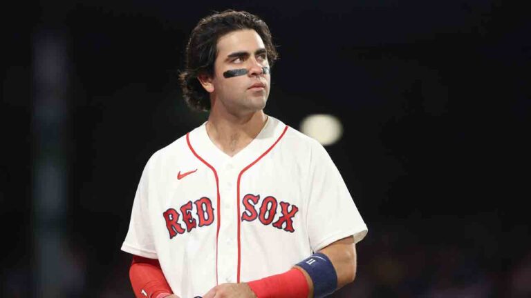 Boston Red Sox's Marcelo Mayer heads to the dugout after striking out to end the seventh inning of a baseball game against the Texas Rangers, Sunday, June 14, 2026, in Boston. (Mark Stockwell/AP)