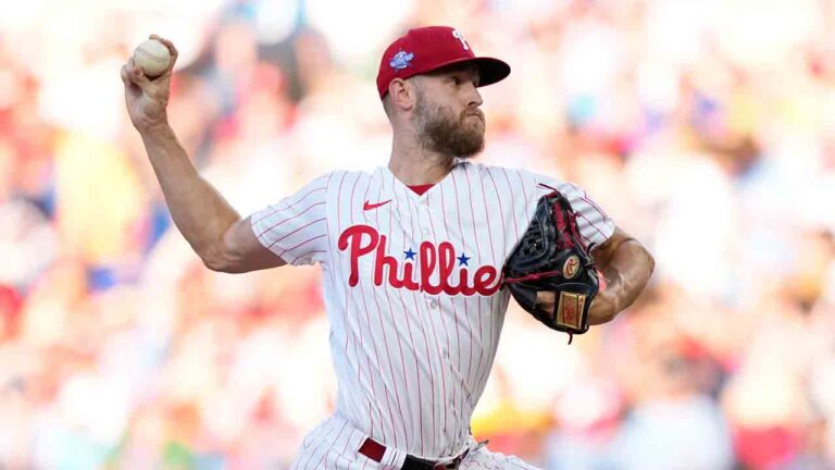 Philadelphia Phillies' Zack Wheeler pitches during the second inning of a baseball game against the Miami Marlins Monday, June 15, 2026, in Philadelphia. (Matt Slocum/AP)