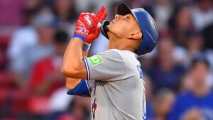 Toronto Blue Jays' Andres Gimenez celebrates as he arrives at home plate to score on his home run in the fifth inning of a baseball game against the Boston Red Sox, Tuesday, June 16, 2026, in Boston. (Steven Senne/AP)